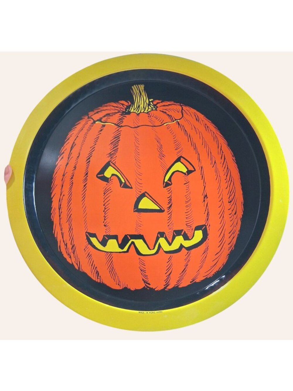 Vintage Halloween Metal Tray With Pumpkin Design - 13" Round - Made In Hong Kong
